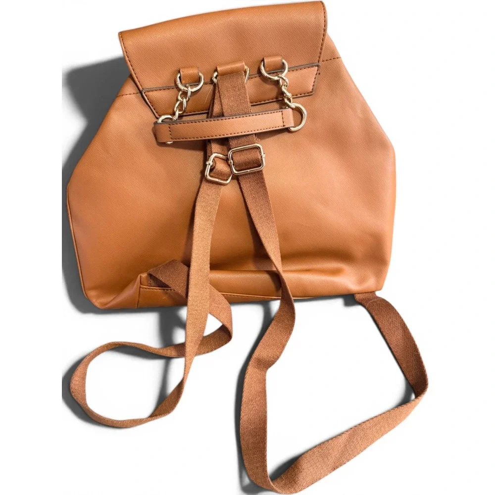 Tommy Hilfiger Tan Faux Leather Mini Backpack Gold Monogram Logo Brown Bag